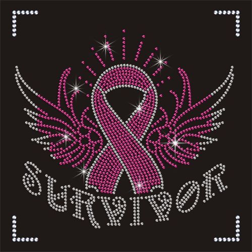 Hot Fix Pink Ribbon and Wings Iron On Rhinestone Transfer Motif