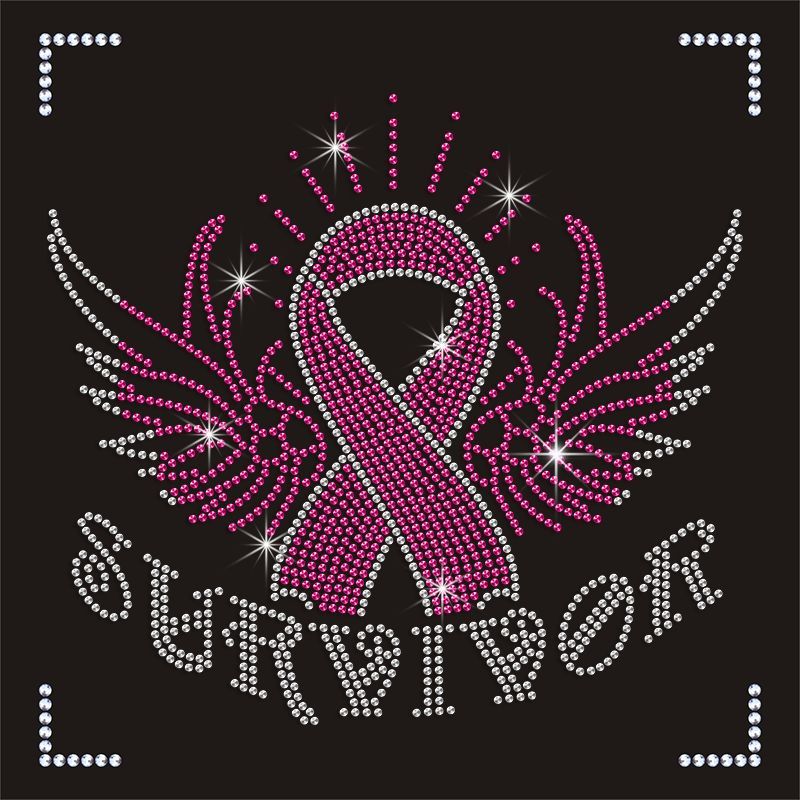 Hot Fix Pink Ribbon and Wings Iron On Rhinestone Transfer Motif