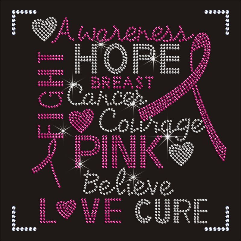 Garment Custom Pink Ribbon Rhinestone Bling Heat Transfer