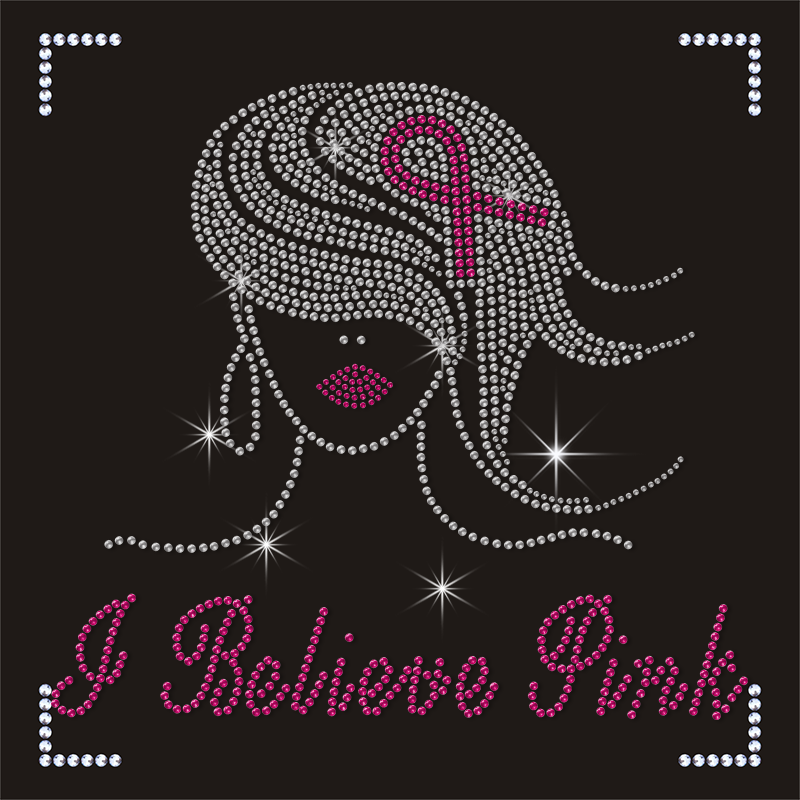 Stylish Bling T-shirts Motifs Pink Ribbon Lady Rhinestone Transfer