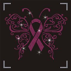 Custom Pink Ribbon Butterfly Design Rhinestone Transfer for T Shirt