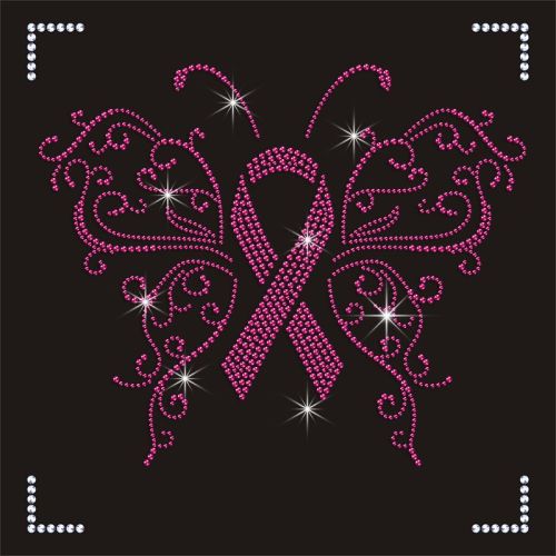 Custom Pink Ribbon Butterfly Design Rhinestone Transfer for T Shirt