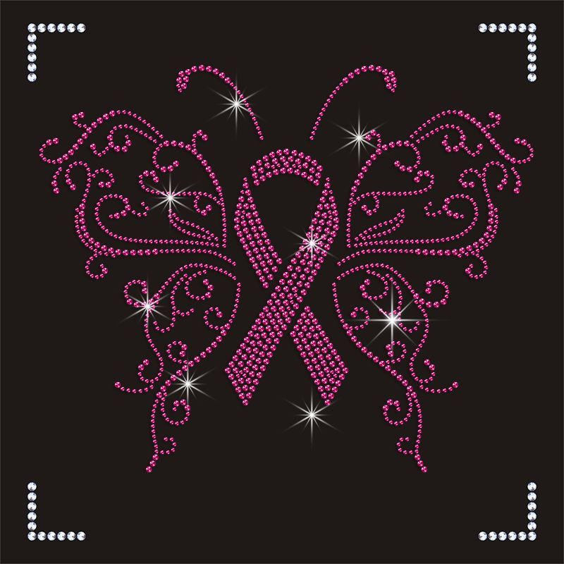 Custom Pink Ribbon Butterfly Design Rhinestone Transfer for T Shirt