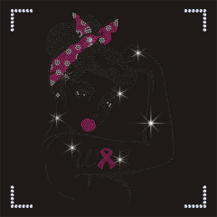 Wholesale Pink Ribbon Lady Design Rhinestone Transfer for Women's T shirts