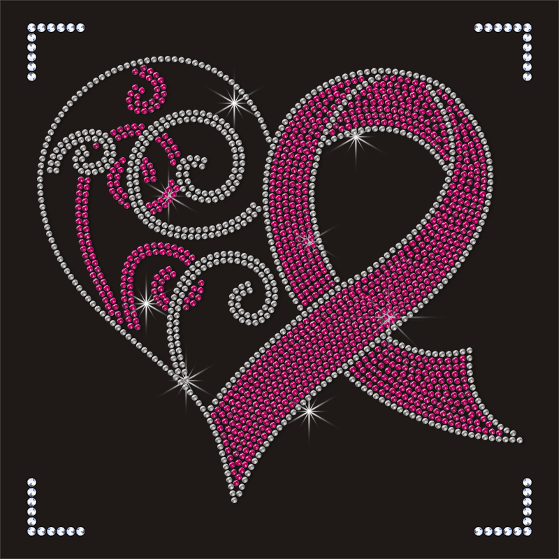 Pink Ribbon Heart Rhinestones Heat Transfer Iron On Patches
