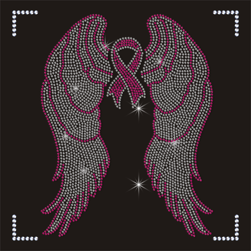 Latest Pink Ribbon and Wings Design Rhinestone Transfer for Clothes