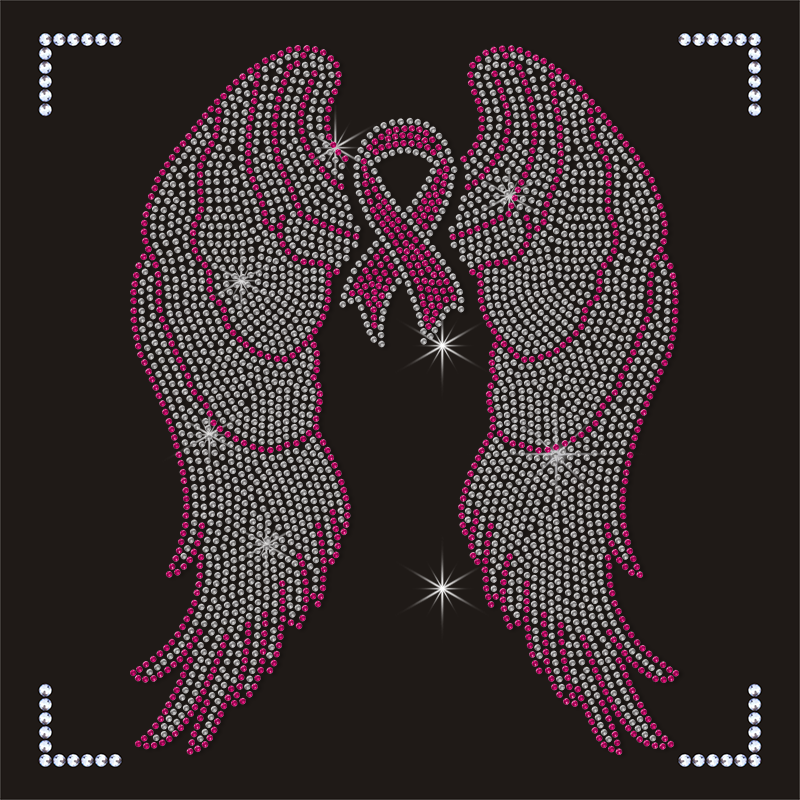 Latest Pink Ribbon and Wings Design Rhinestone Transfer for Clothes