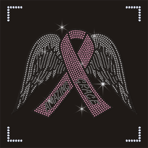 Custom Pink Ribbon and Wings Rhinestone Heat Transfer for Shirt