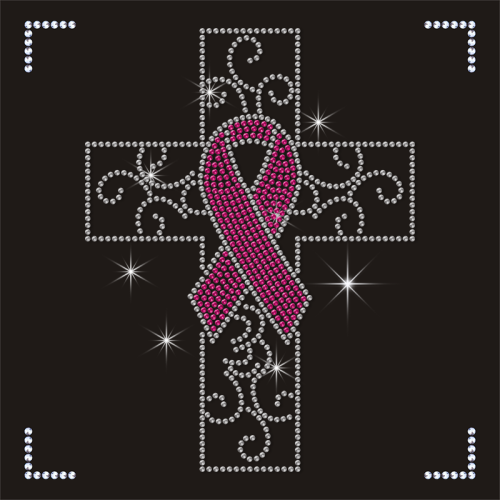 Pink Ribbon and Cross Custom Design Rhinestone Logo Transfer