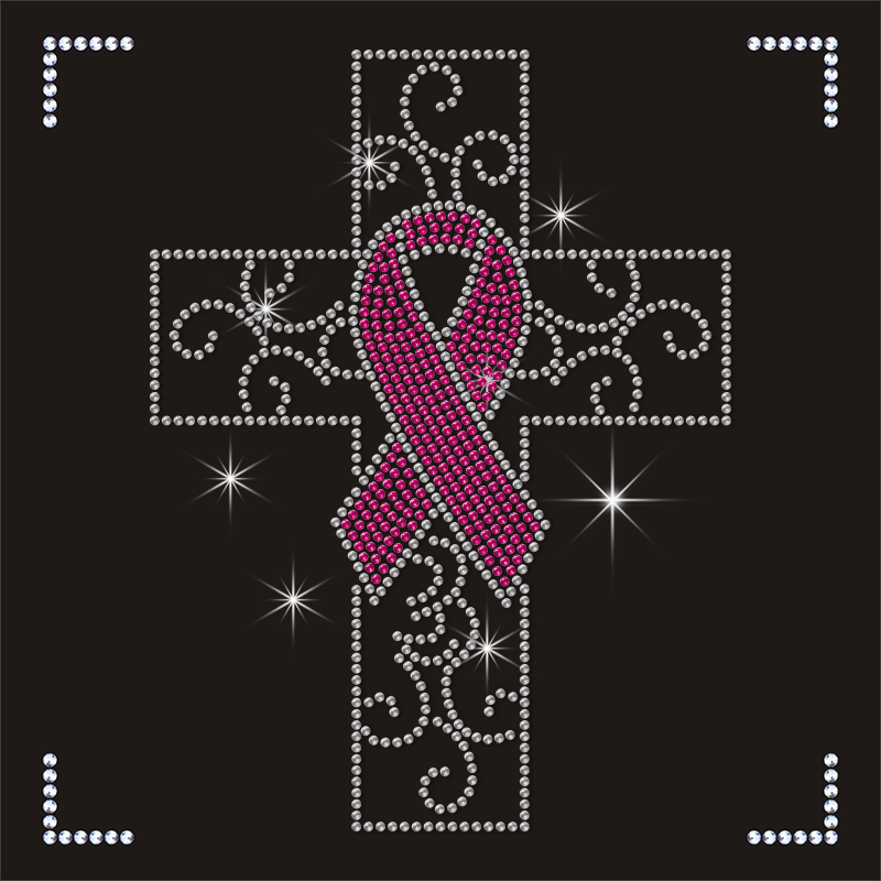 Pink Ribbon and Cross Custom Design Rhinestone Logo Transfer