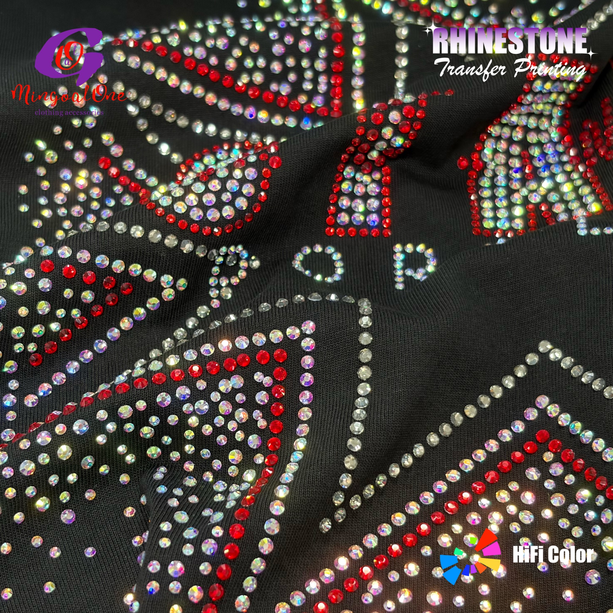 Low MOQ Washable AB Crystal Custom Logo Hotfix Rhinestone Transfer Iron on Motif for Cheer Uniform T-shirt