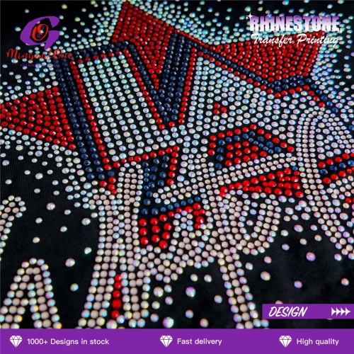 Low MOQ Washable AB Crystal Custom Logo Hotfix Rhinestone Transfer Iron on Motif for Cheer Uniform T-shirt