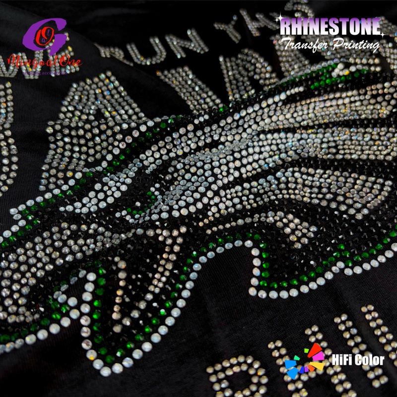 Low MOQ Washable AB Crystal Custom Logo Hotfix Rhinestone Transfer Iron on Motif for Cheer Uniform T-shirt
