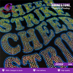 Low MOQ Washable AB Crystal Custom Logo Hotfix Rhinestone Transfer Iron on Motif for Cheer Uniform T-shirt