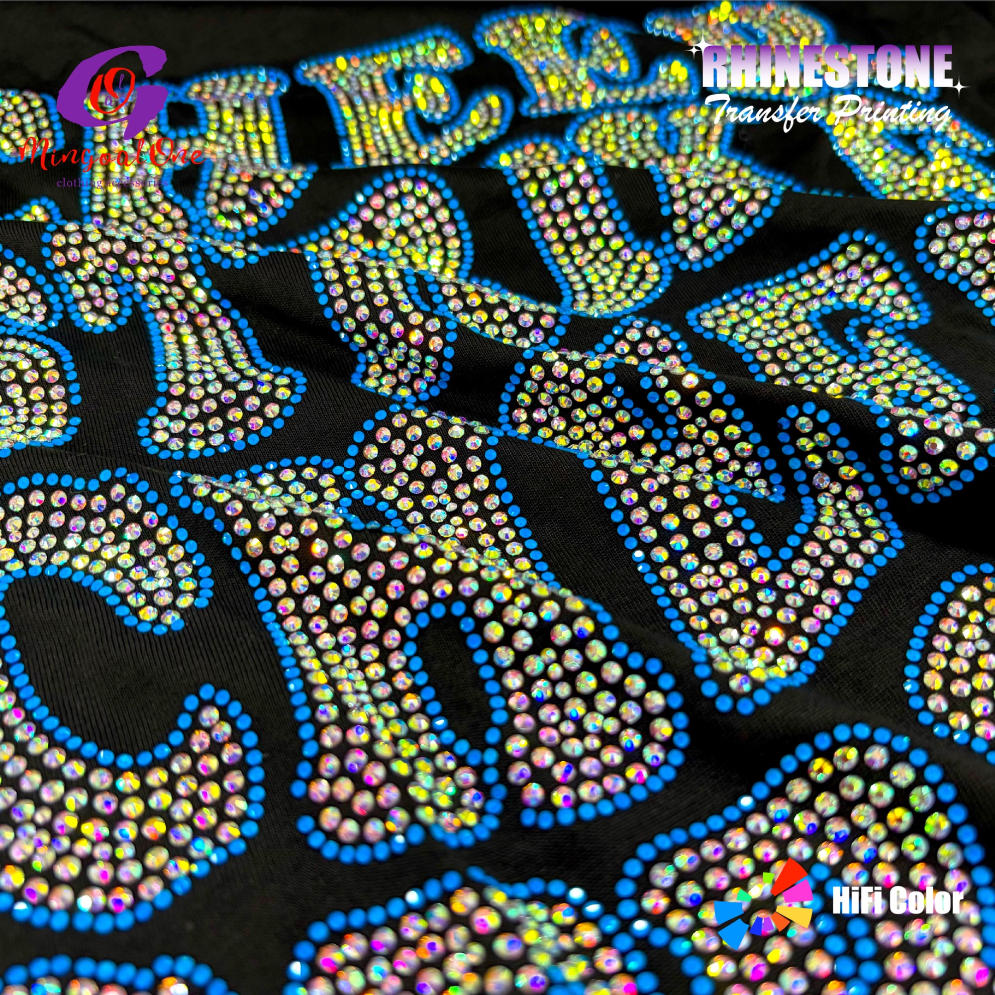 Low MOQ Washable AB Crystal Custom Logo Hotfix Rhinestone Transfer Iron on Motif for Cheer Uniform T-shirt