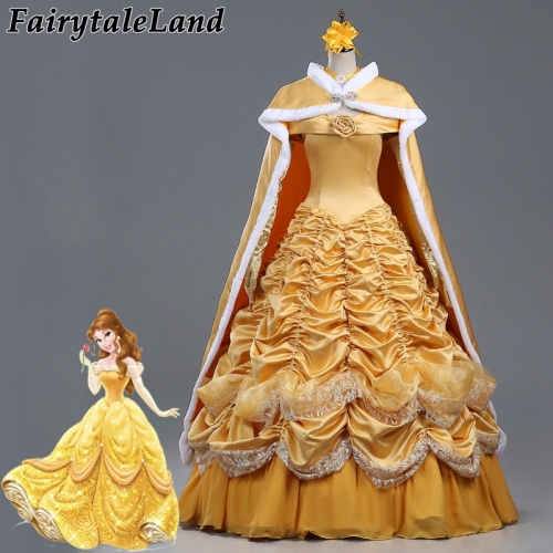 Beauty and the Beast Costume Fancy Halloween Princess Costumes for Women Cosplay Dress Yellow Belle Outfit Cape Fancy Cloak