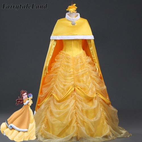 New Arrival Princess Belle Dress with cloak Movie Beauty and the Beast Belle cosplay costume fancy Carnival dress custom made