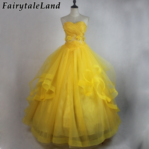 Princess Belle Outfit Emma Watson Movie Suit Beauty and The Beast Belle Costume Cosplay Halloween Gown Wedding Yellow Dress