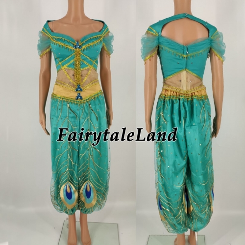 2019 Aladdin the Movie Princess Jasmine Blue Peacock Suit Gown Outfit Dress