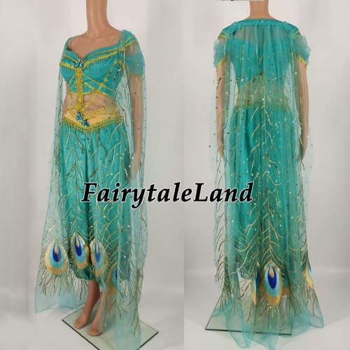 2019 Aladdin the Movie Princess Jasmine Blue Peacock Suit Gown Outfit Dress