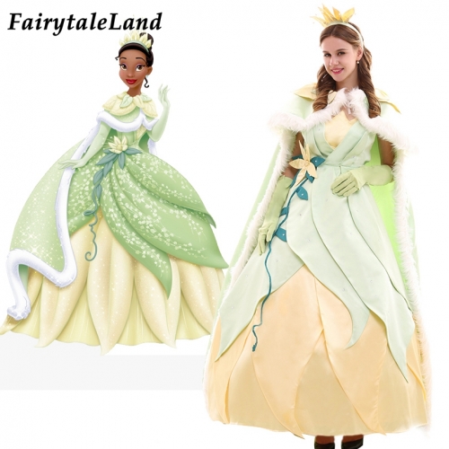 Princess Tiana Winter Cosplay Costume Halloween Light Green Snow Cape Fancy Princess and Frog Outfit Party Dress Cloak