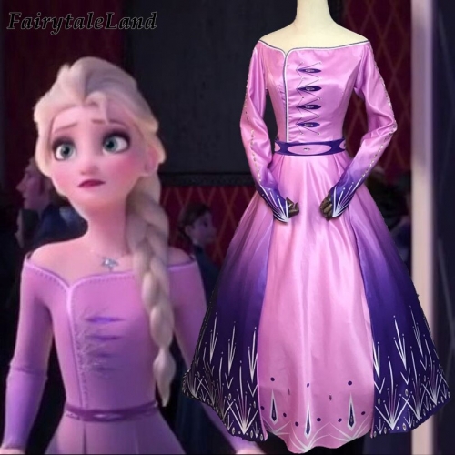 Frozen 2 Princess Elsa Costume Fancy Violet Dress Halloween Cosplay Party Outfit Digital Printing Elsa Anna Gown Ice Flowers Suit