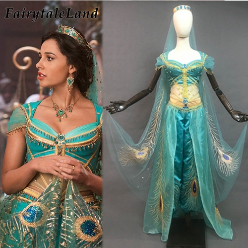 Princess Jasmine Costume Sexy Dress Halloween Cosplay Aladdin Jasmine Outfit Peacock Embroidery Belly Dance Suit Crown