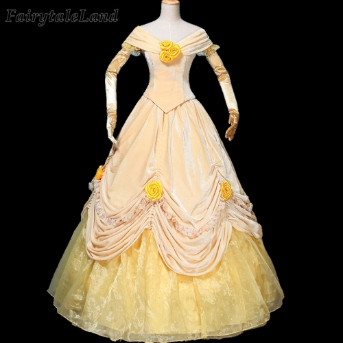 Belle Dress Carnival Halloween Princess Costume Lace up Velvet Yellow Belle Cosplay Costume Custom made party costume