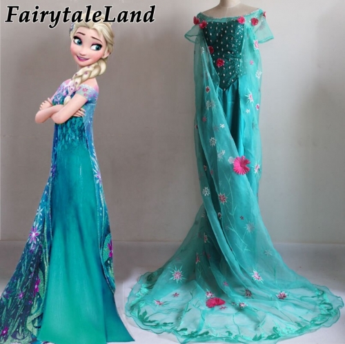 Frozen Fever Elsa Cosplay Costume Birthday Party Elsa Dress Halloween Princess Flower Dress