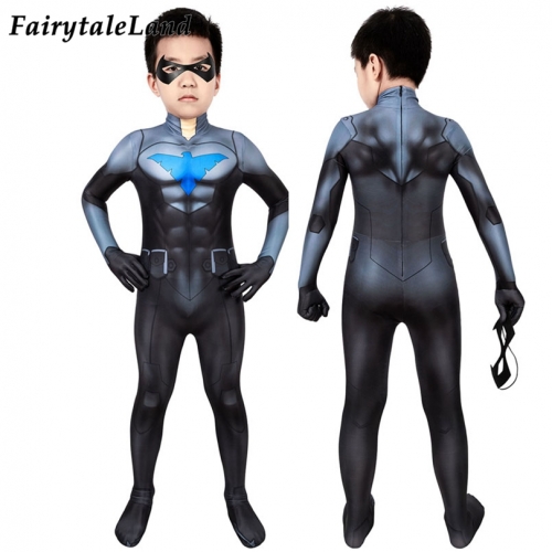 Nightwing Son of Batman Kids suit  Cosplay Jumpsuit Superhero Printing Zentai