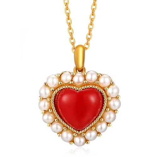 Cherish, necklace,  925 silver, gold plated, red resin and freshwater pearl