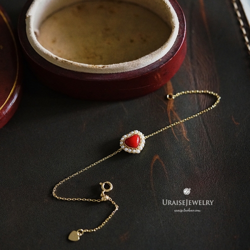 Cherish, bracelet,  argent 925, plaqué or, resin rouge et perle d'eau douce,