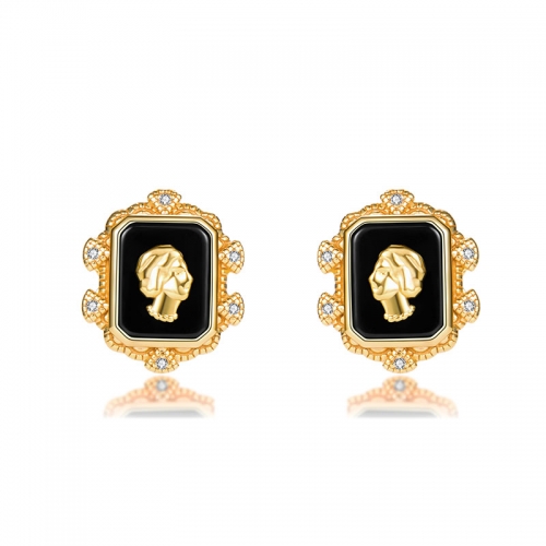 Ladies, earrings, 925 silver, gold plated, natural black agate and cubic zirconia