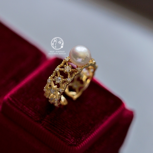 Siren, ring, 925 silver, gold plated, freshwater pearl and cubic zirconia