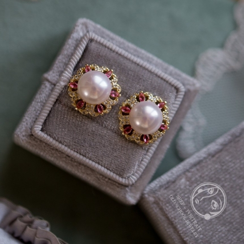 Daisy, earrings,  925 silver, gold plated, freshwater pearl, pink crystal and cubic zirconia