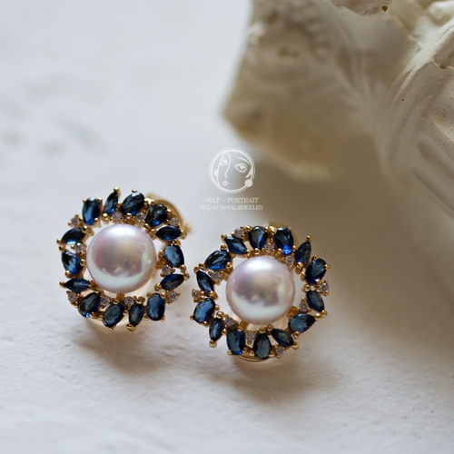 Blue, clip-on earrings, 925 silver, gold plated, freshwater pearl, blue crystal and cubic zirconia