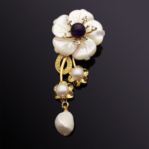 Plum blossom, brooch, mother of pearl, freshwater pearl with purple spar