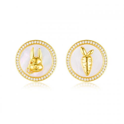 White rabbit, earrings, gold plated, mother of pearl and cubic zirconia
