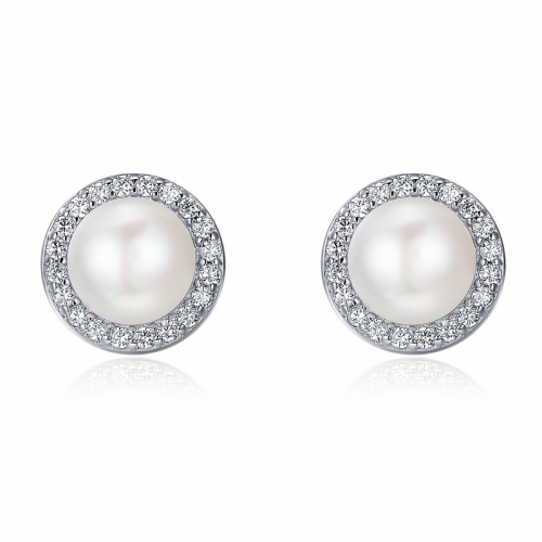 Boucles d'oreilles, argent 925, plaqué or, zircone cubique, perle l'eau douce