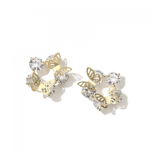 Boucles d'oreilles, cuivre, plaqué or, aiguille argent, zircone cubique,