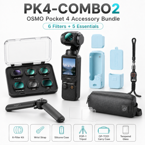 PK4-COMBO Accessory Bundle for DJI Osmo Pocket 4, 6 Filters + Silicone Case + POP-1 Tripod + Wrist Strap + Carry Case + Tempered Glass, OSMO POCKET 4 