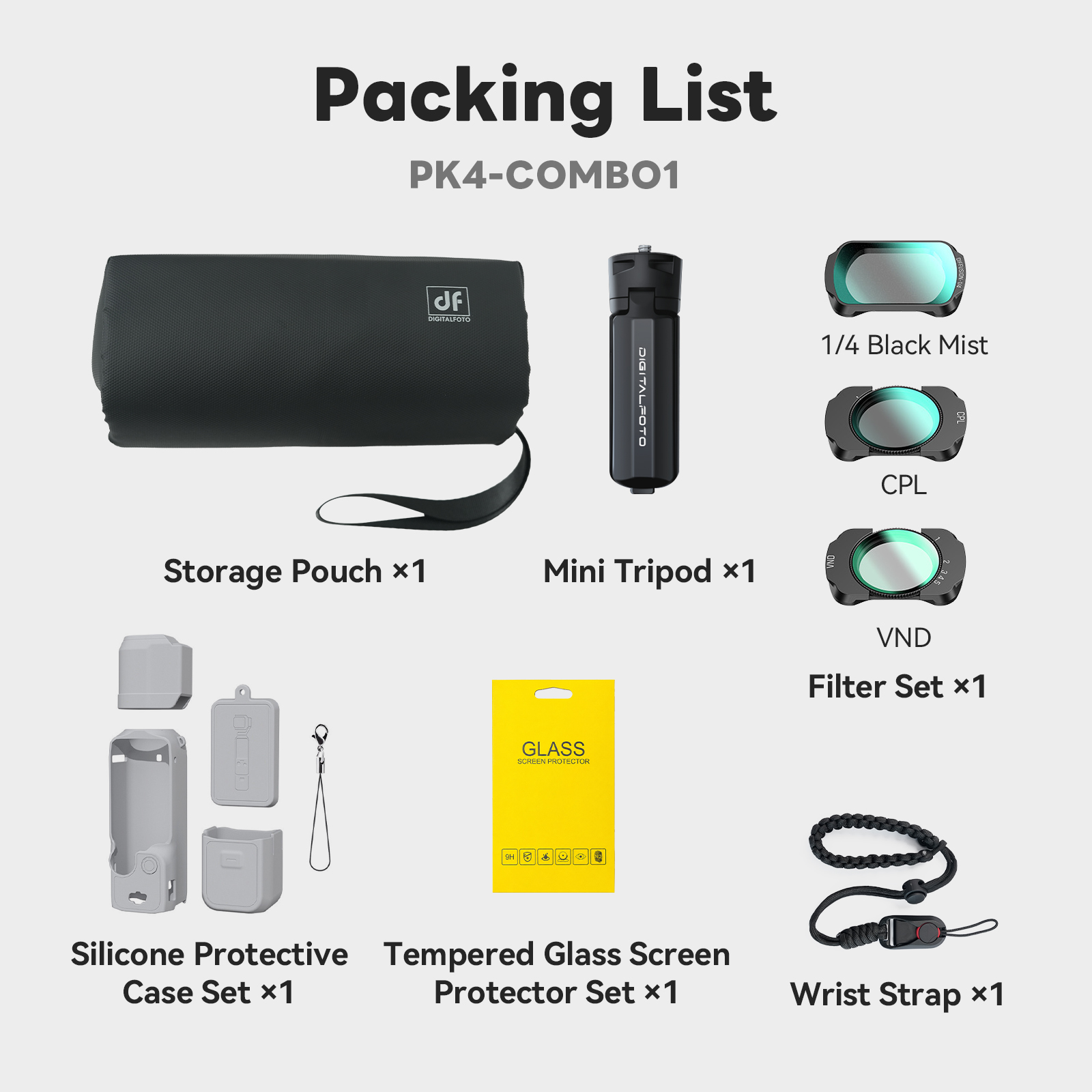 3 Filters + Silicone Case + POP-1 Tripod + Wrist Strap + Carry Case + Tempered Glass