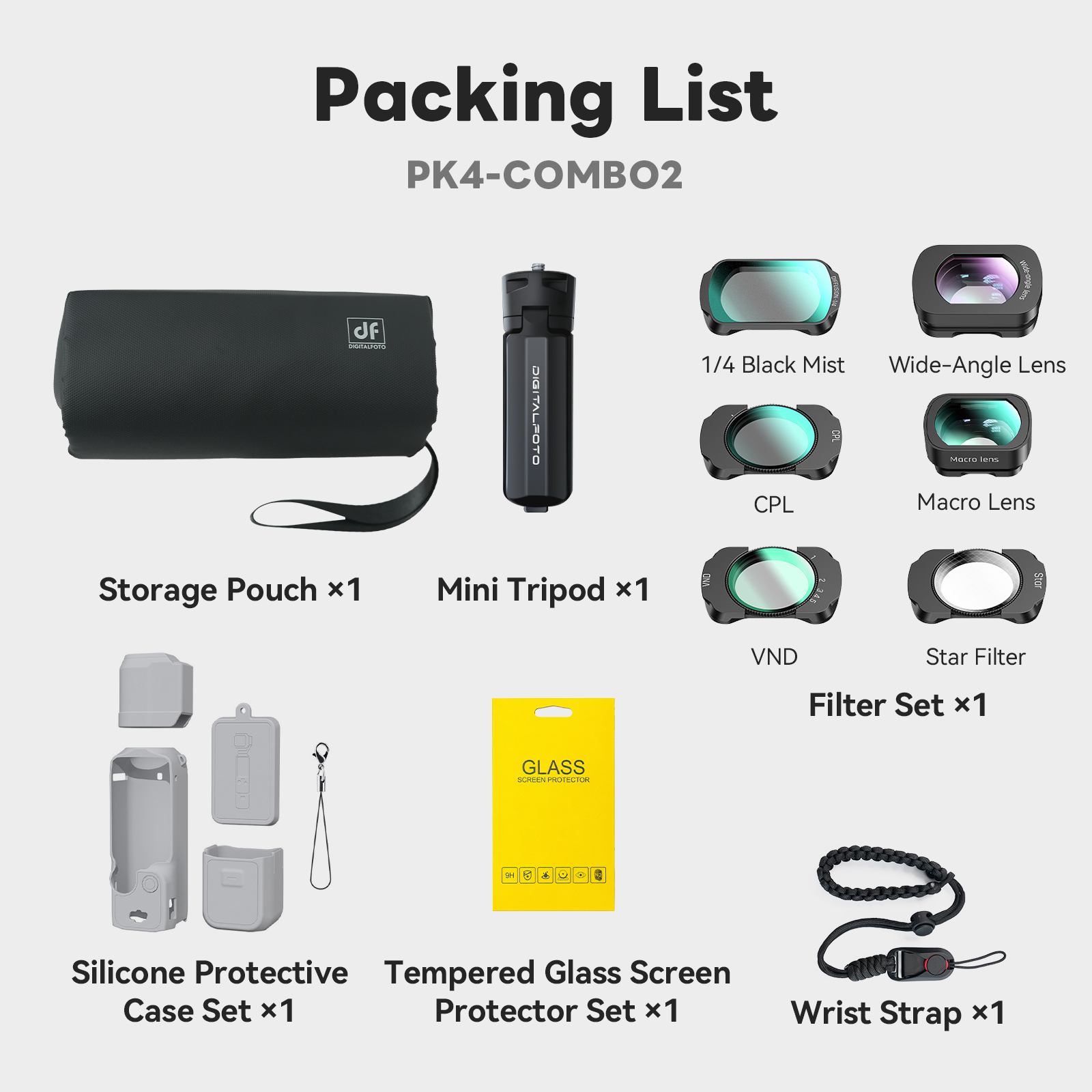 6 Filters + Silicone Case + POP-1 Tripod + Wrist Strap + Carry Case + Tempered Glass
