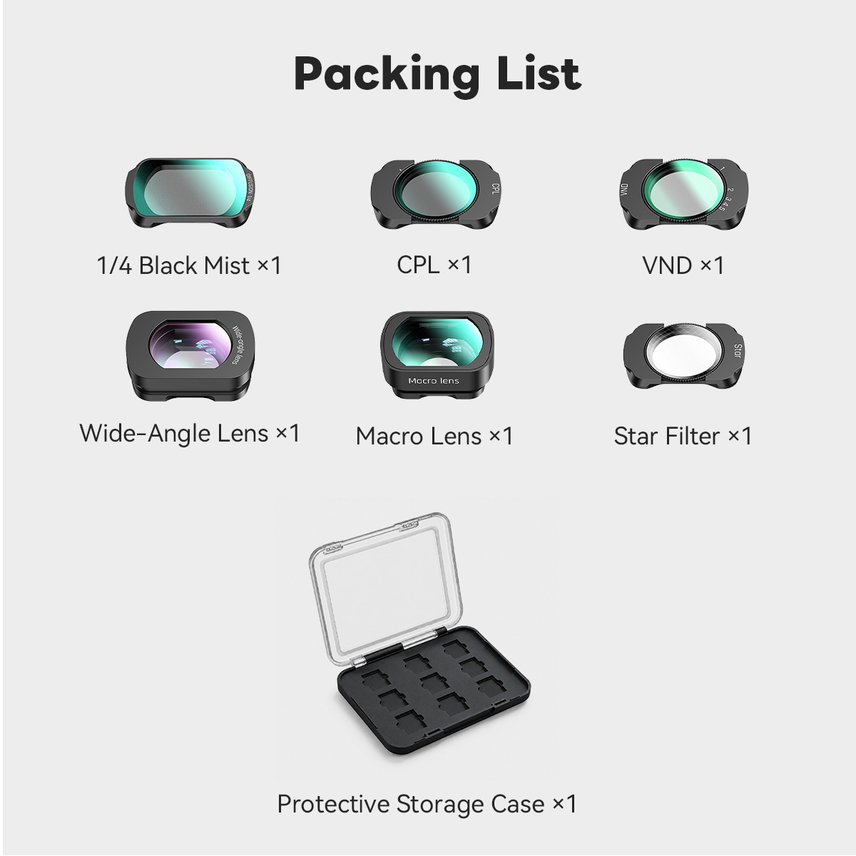 0.72X Wide-Angle Lens, Macro Lens, CPL, VND, Star & 1/4 Black Mist Filters with Storage Case