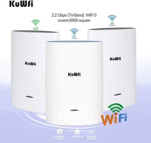 KuWFi 3-Pack Tri-Band Whole Home Mesh WiFi System with AC2200 Speed Gigabit Mesh WiFi 5 Router & Extender Replacement Covers up to 6500 sq.ft Tri-Band