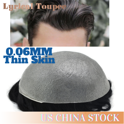 Lyrical Toupee 0.06mm Thickness Super Thin Skin Hair System for Men, V-knotted Poly Skin Men's Toupee, Slight Wave Human Hair Pieces for Men