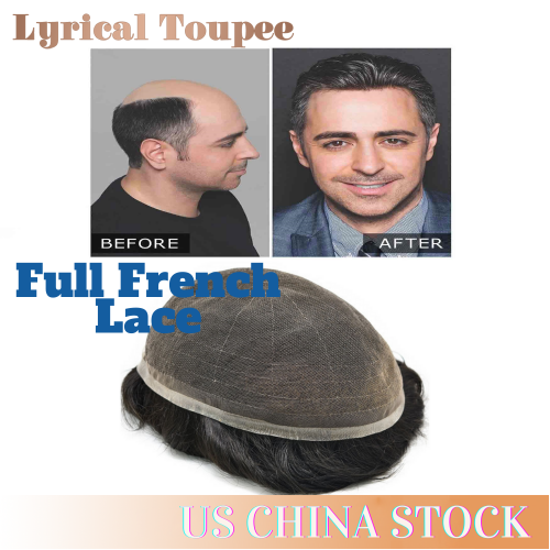 Non-Surgical Full French Lace Men's Hair System | Invisible Bleached Knot Lace Front Hairpiece for Men | Natural Hairline | 32mm Slight Wave | Indian 