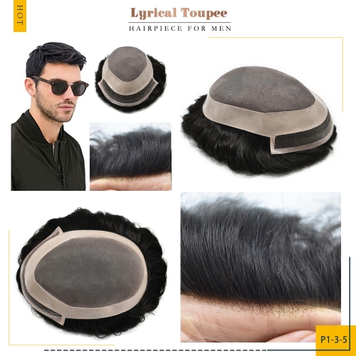 Lyrical Toupee Durable Fine Mono Mens Hair System,1 Inch Welded Mono Lace Front Mens Hairpiece, Natural Hairline Medium Density Wigs P1-3-5