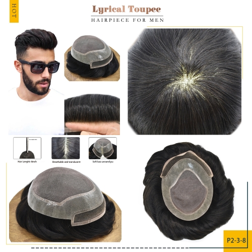 Lyrical Toupee Durable Fine Mono Hair Systems,Slight Wave Indian Hair Mens Toupee, Natural Lace Front Bleached Invisble Knot Hairline