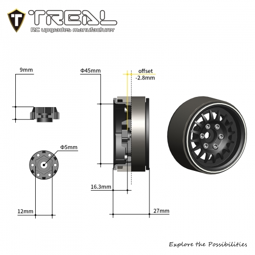 TREAL 1.9 Beadlock Wheel Rims Heavy Duty Multi Spoke CNC 1.9 Inch